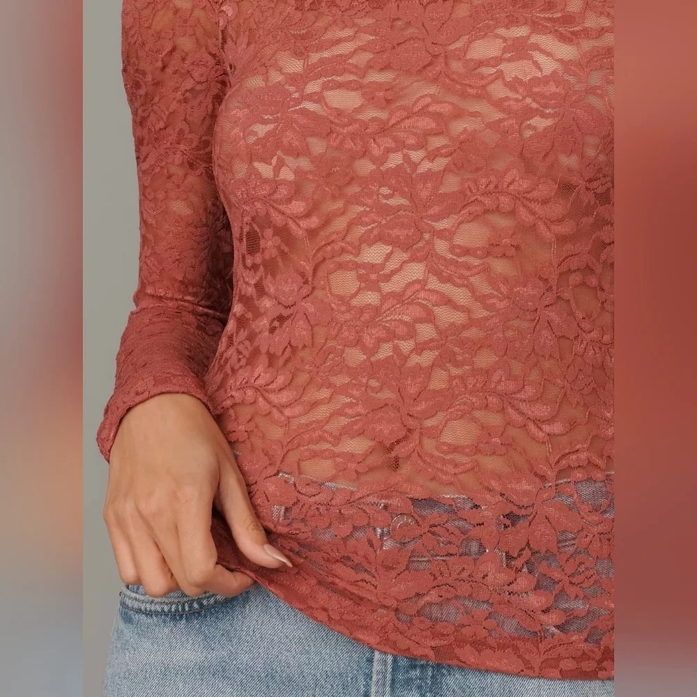 Anthropologie Puff-Sleeve Sheer Lace Top Dusty Pink